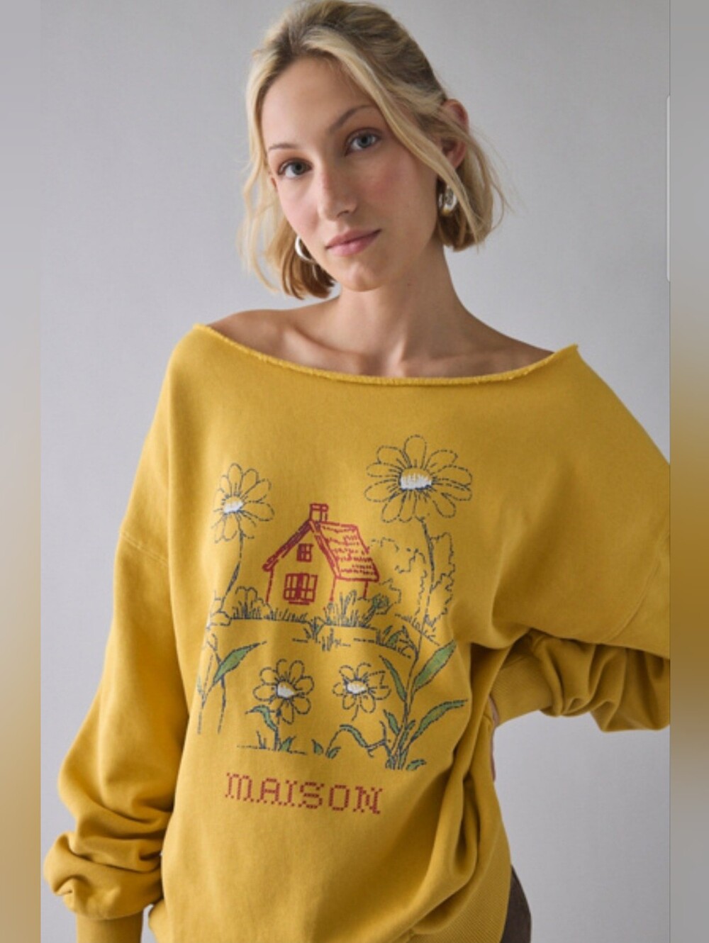 Maison Cross Stitch Graphic Off-The-Shoulder Oversized Pullover NWOT Sz S/M